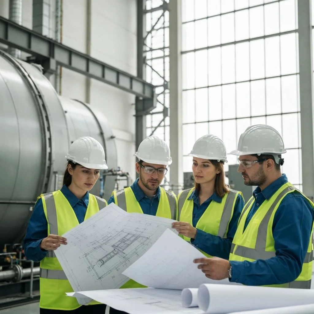 AuSSE engineers reviewing technical drawings on the factory floor